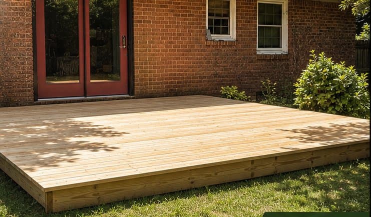 The same brick ranch house after a new light wood walk-out deck was built at the back door